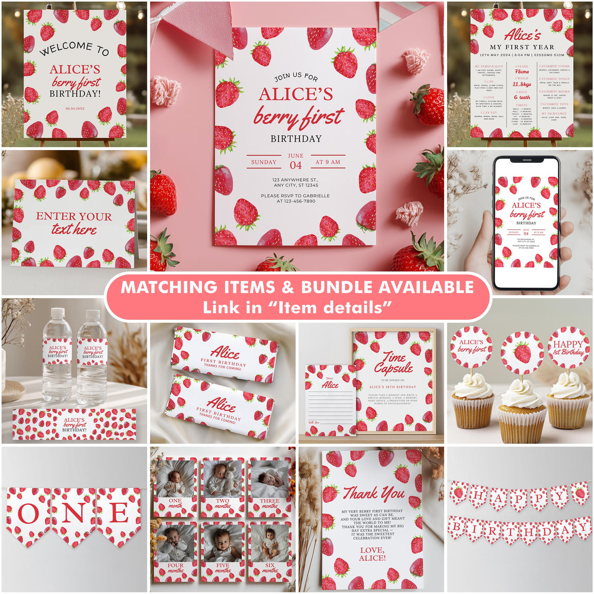 Strawberry Invitation , Berry First Birthday Invite