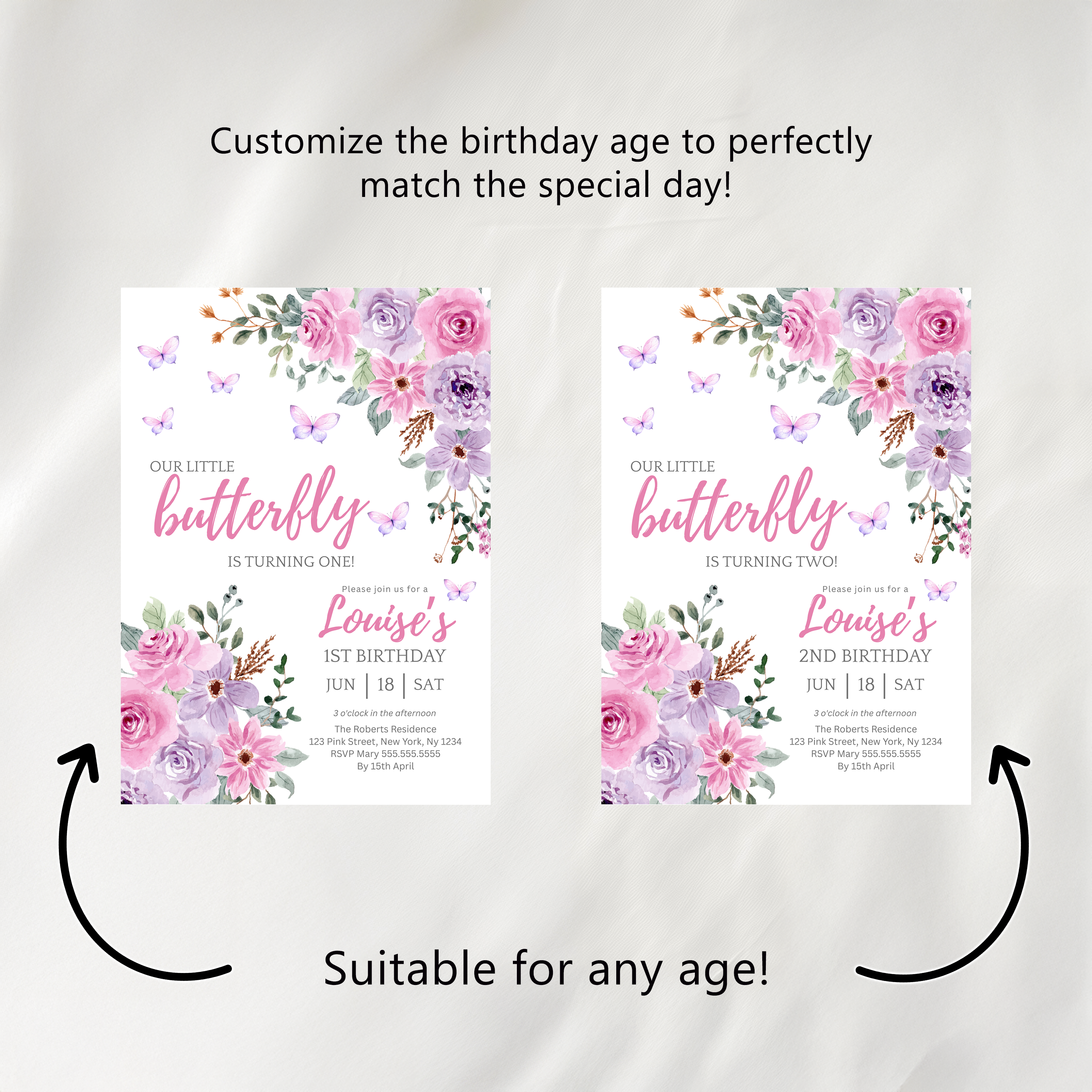 Butterfly Cupcake Topper, Purple Flowers 1st Birthday Cupcake Toppers 9194