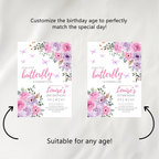 Purple Flowers Party Invitation, Butterfly Birthday Invite 9195