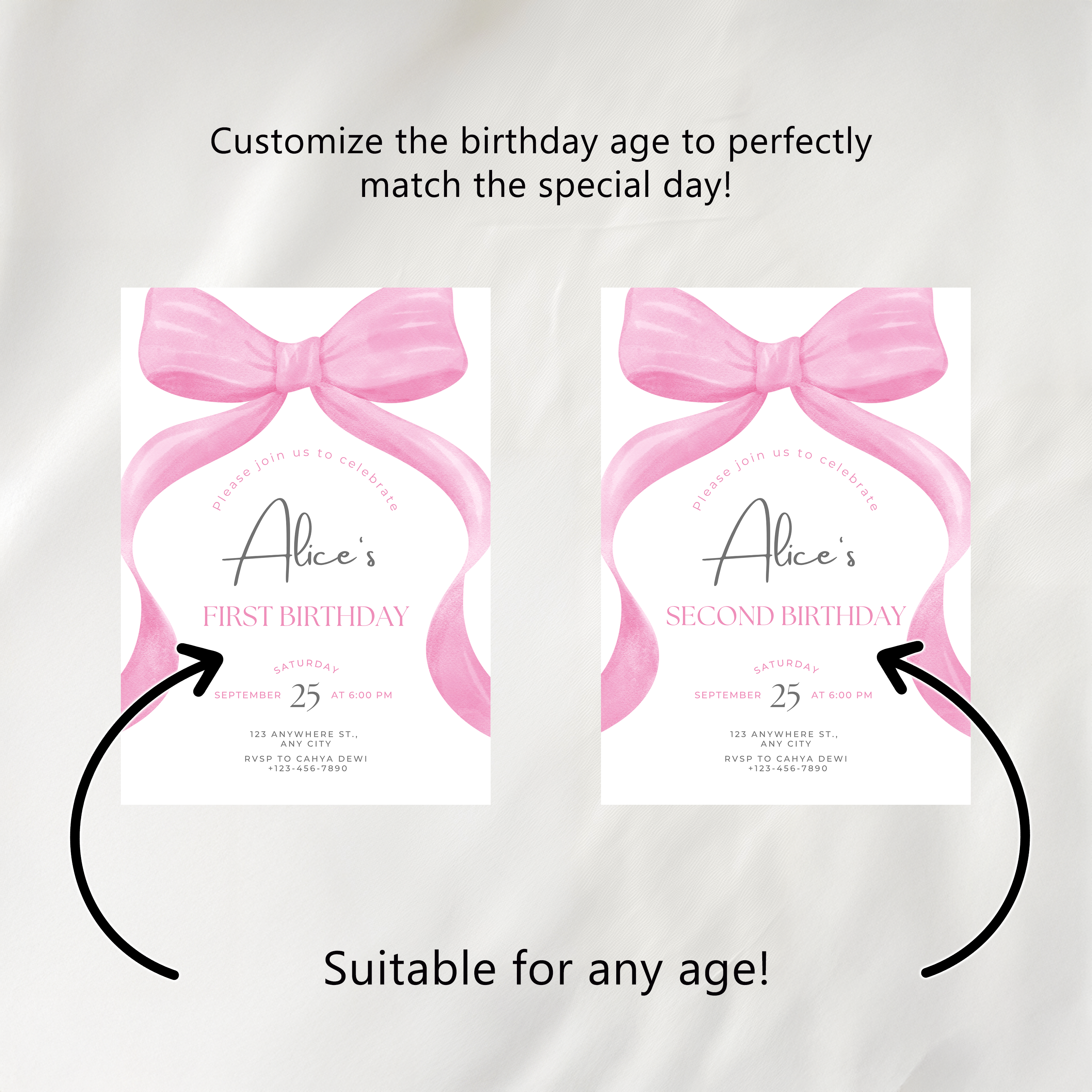 Editable Pink Bow Birthday Cupcake Toppers, Coquette Pink Bow Party Cake Toppers, First Birthday Pink Bow Toppers, Instant Download 9156