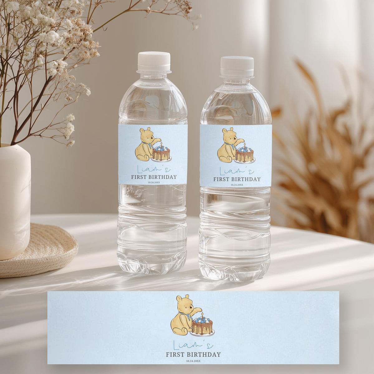 Blue Winnie the Pooh Water Bottle Labels, 1st Birthday Printable Bottle Label