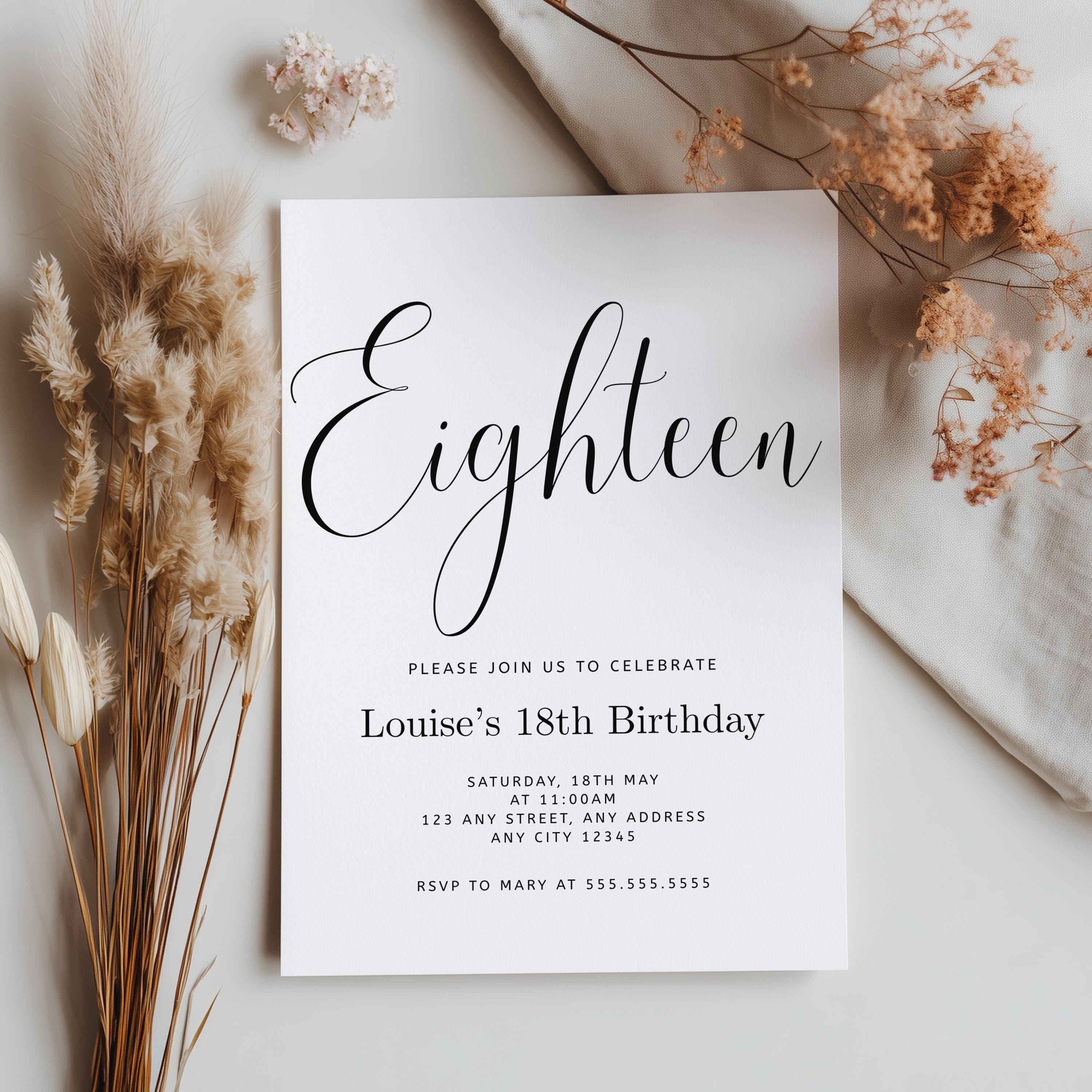 18th Minimalist Modern Birthday Invitation, Eighteenth Party Invite, 9178
