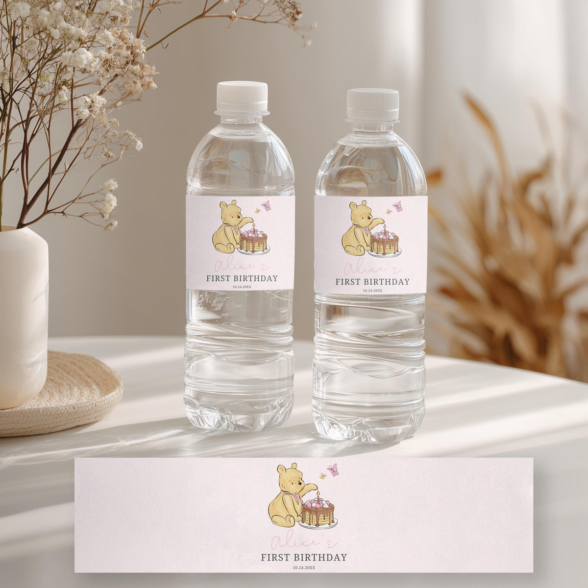 Pink Winnie the Pooh Water Bottle Labels, 1st Birthday Printable Bottle Label