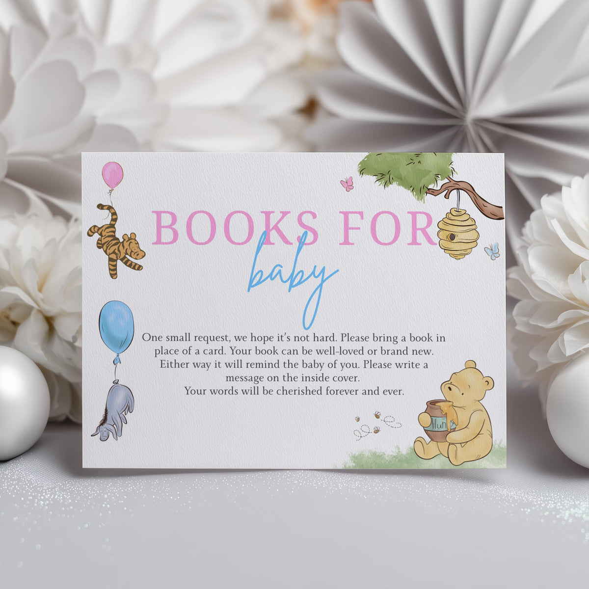 Winnie the Pooh Gender Reveal Books For Baby Printable, Baby Shower Book Request Cards