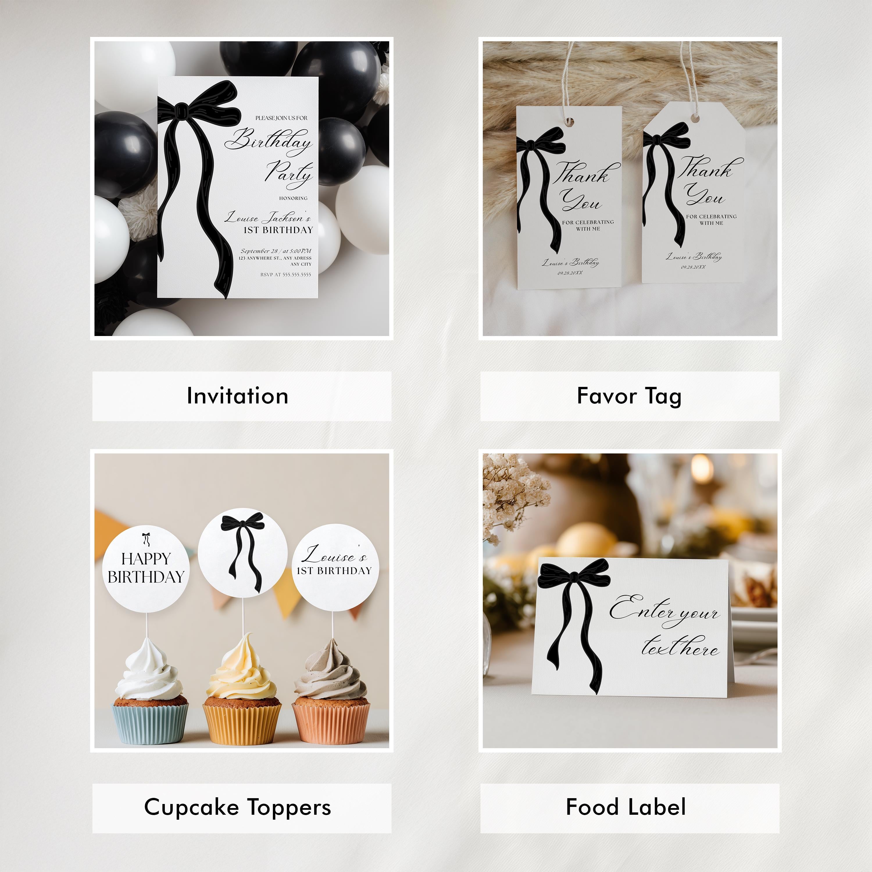 Black Bow Minimalist First Birthday Bundle, 1st Birthday Party Set, Gender neutral Decorations, 9174