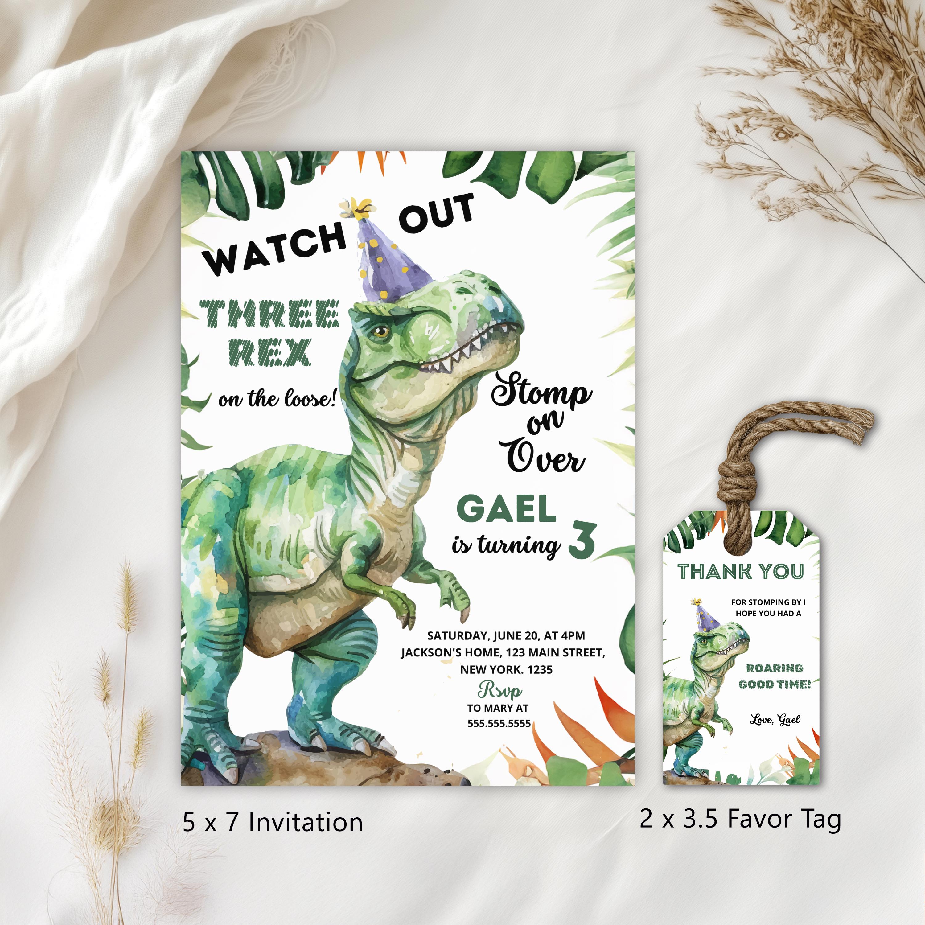 Dinosaur Three-Rex Birthday Invitation | Editable Canva Template | 3rd Birthday Invite | Instant Download 9014