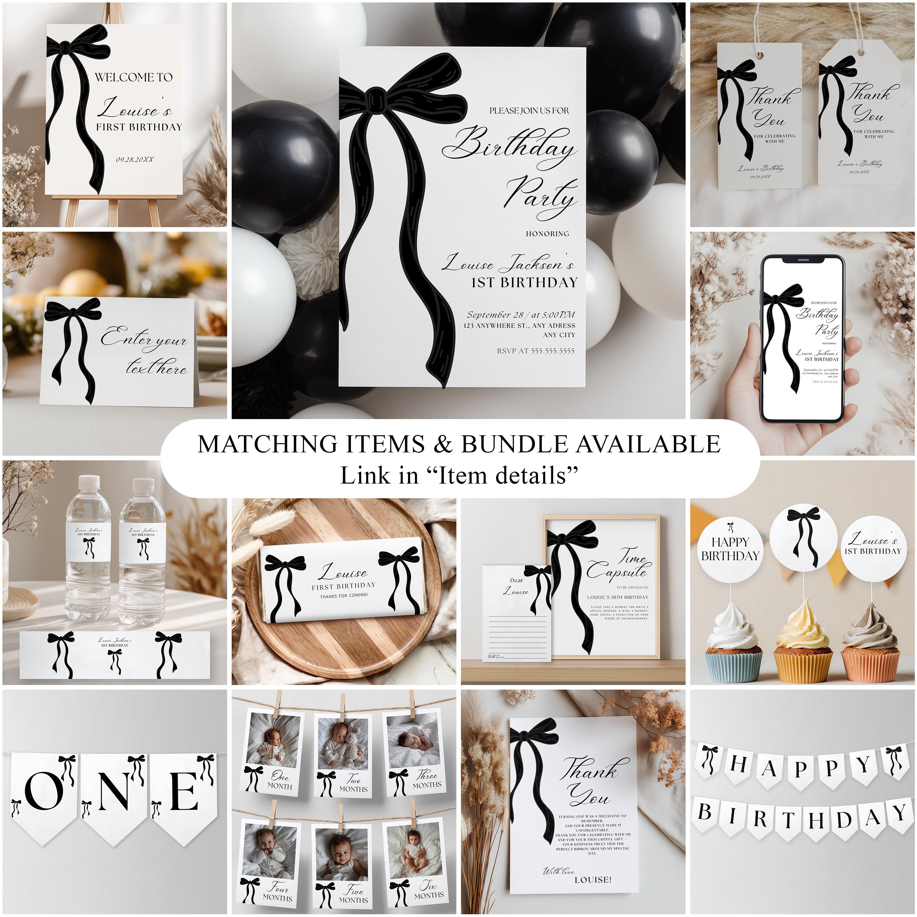 Black Bow Minimalist Food Labels, Coquette Gender neutral Tent Cards, Birthday Food Tags 9174
