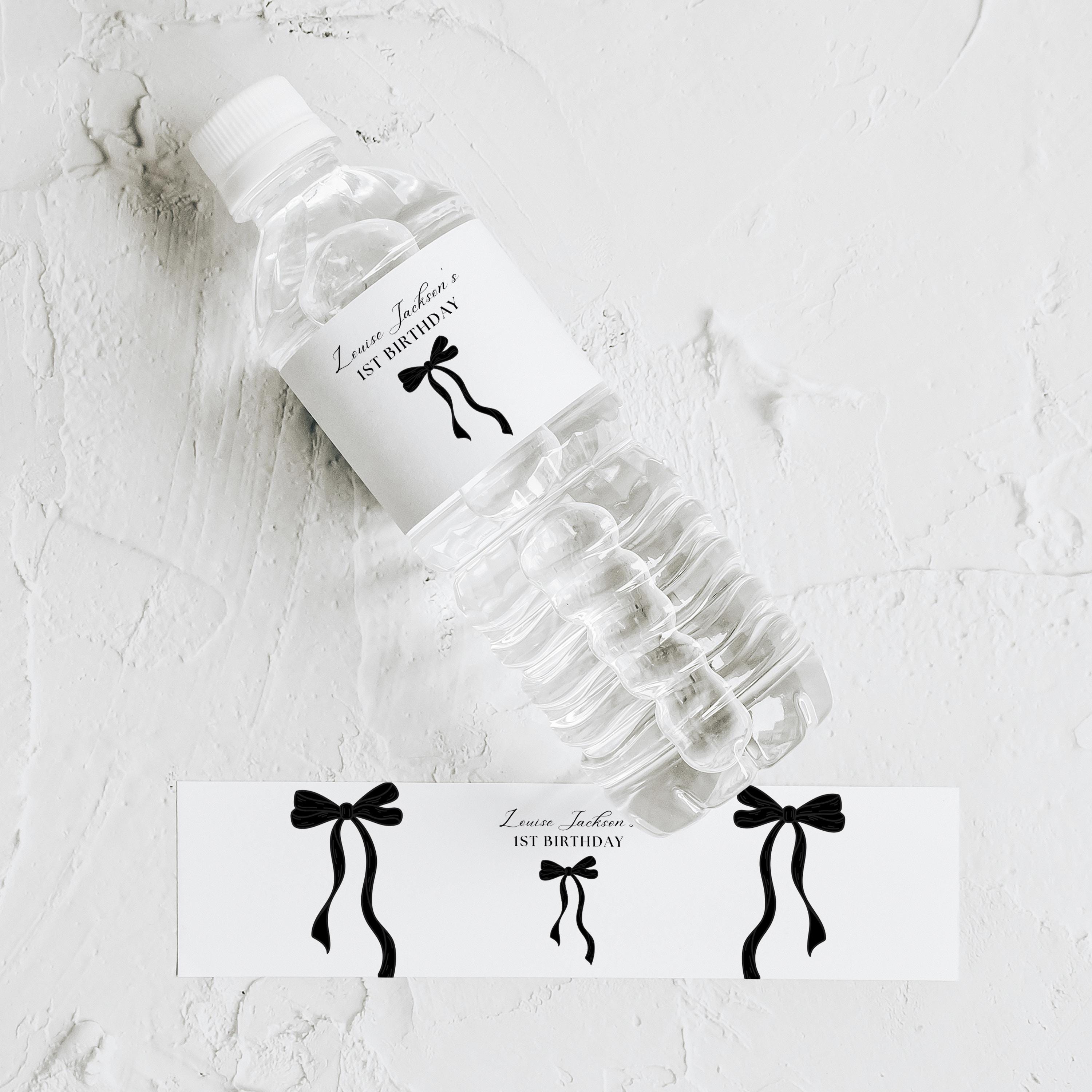Black Bow Minimalist Bottle Labels, 1st Birthday Label, Printable Water Label 9174