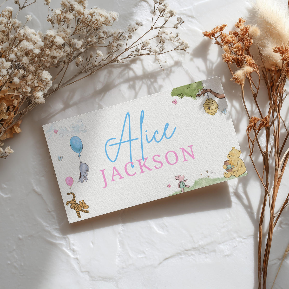 Winnie the Pooh Gender Reveal Place Card Template Printable, Baby Shower Editable Place