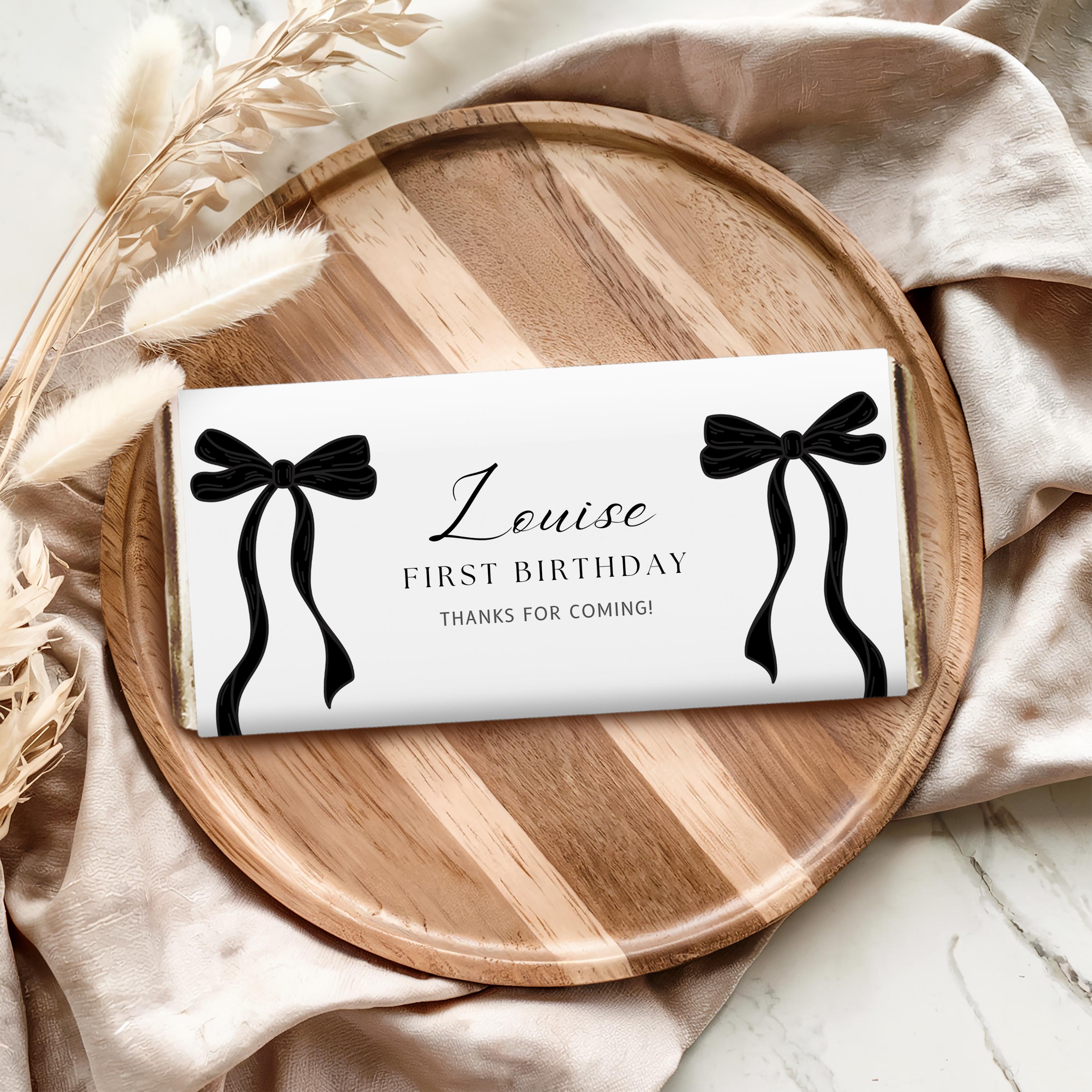 Black Bow Minimalist Modern Chocolate Wrappers, Gender neutral Candy Bar Wrapper, Black Ribbon, 9174