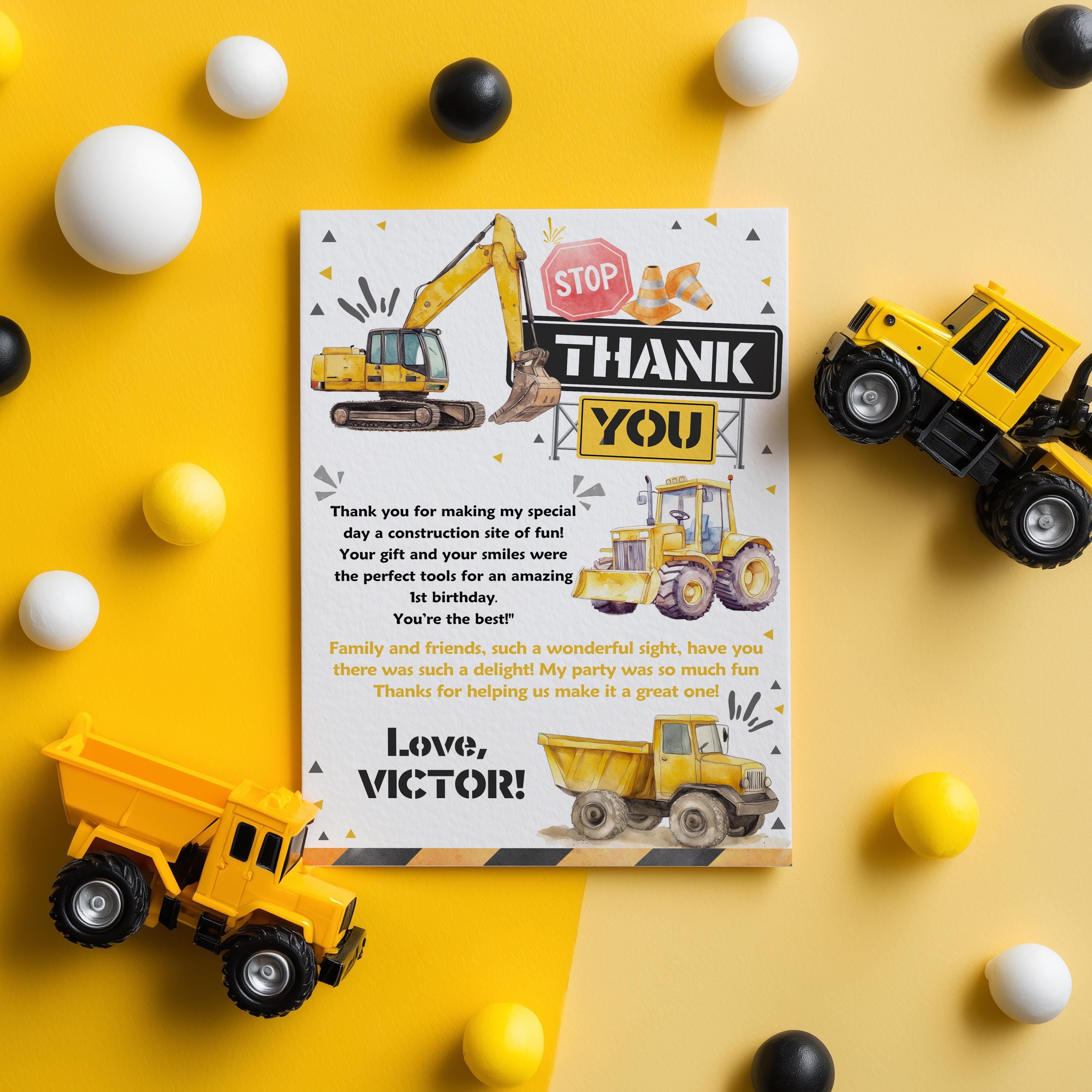 Editable Construction Thank you card, Construction Birthday Note card, Dump Truck Party, Printable template Digital Instant download 9164