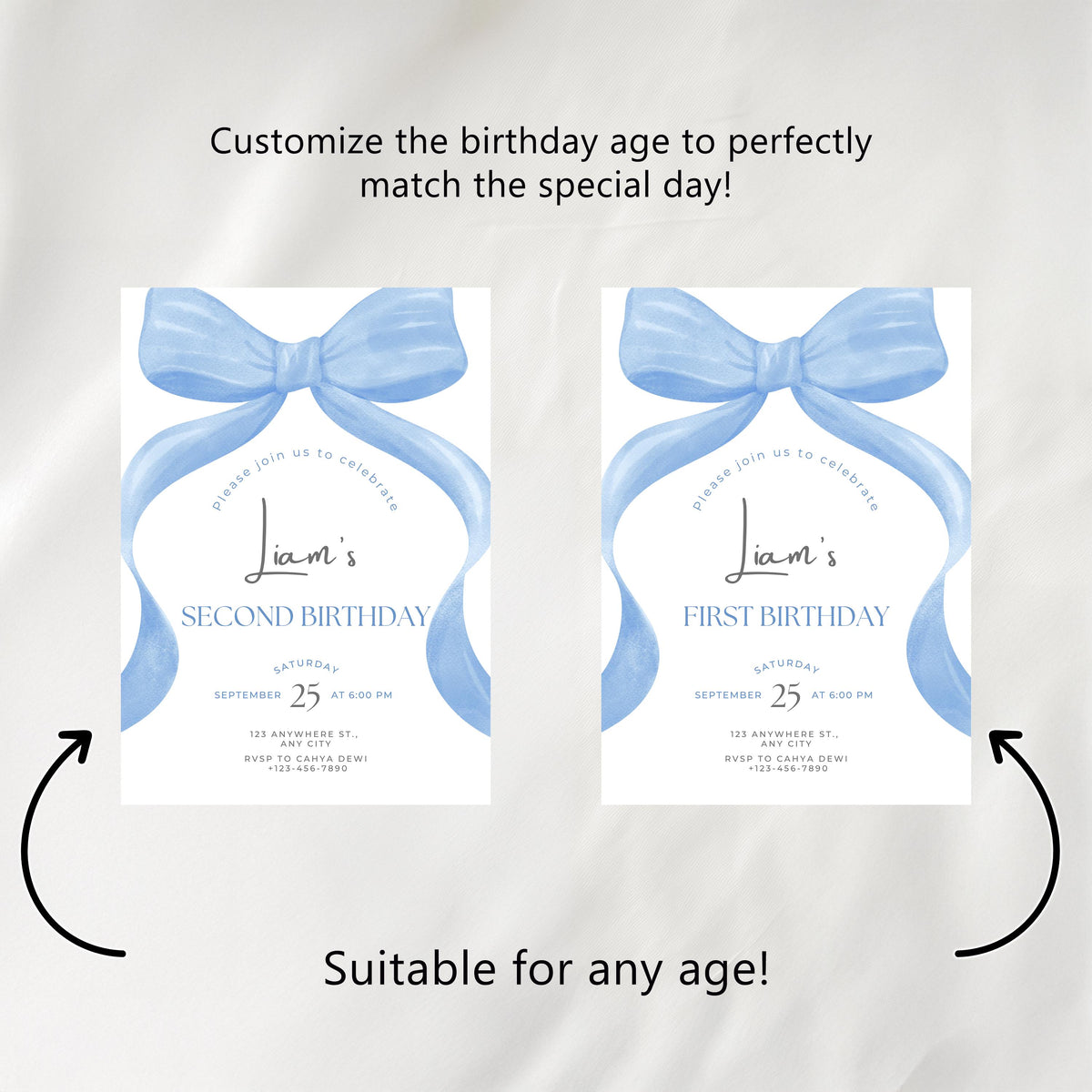 Blue Bow Birthday Invitation, Blue Bow Invitation, Blue Bow Birthday, Blue Ribbon Birthday Party Invite