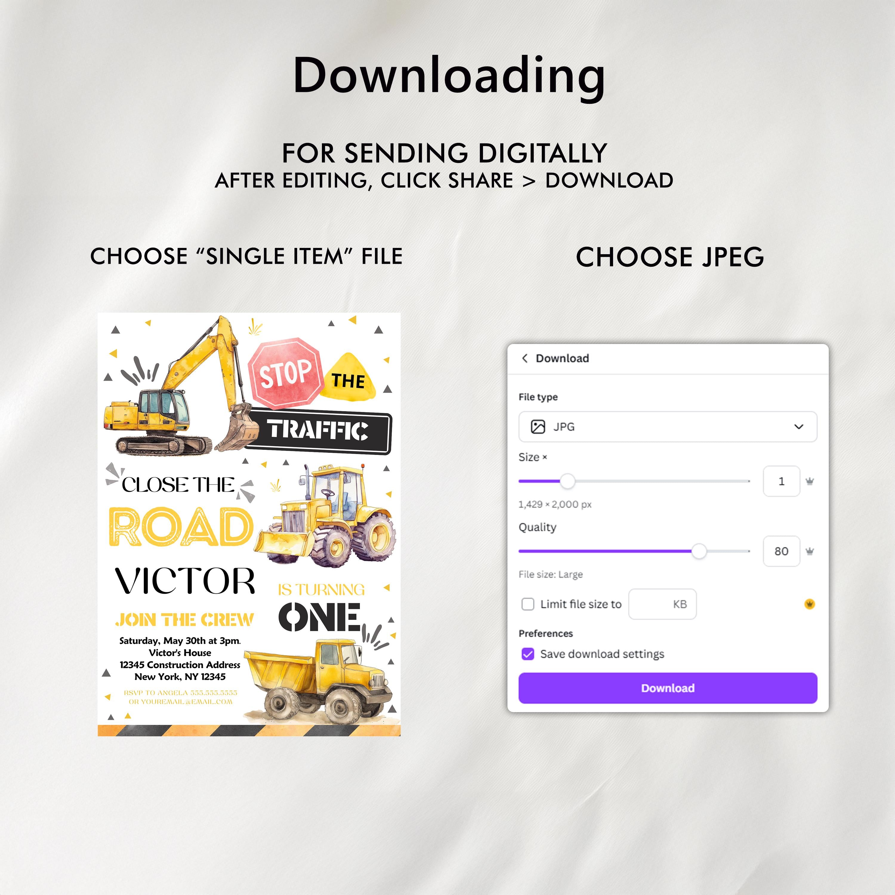 Construction First Birthday Invitation, Yellow Tractors Party Invite, Digital download Template 9164