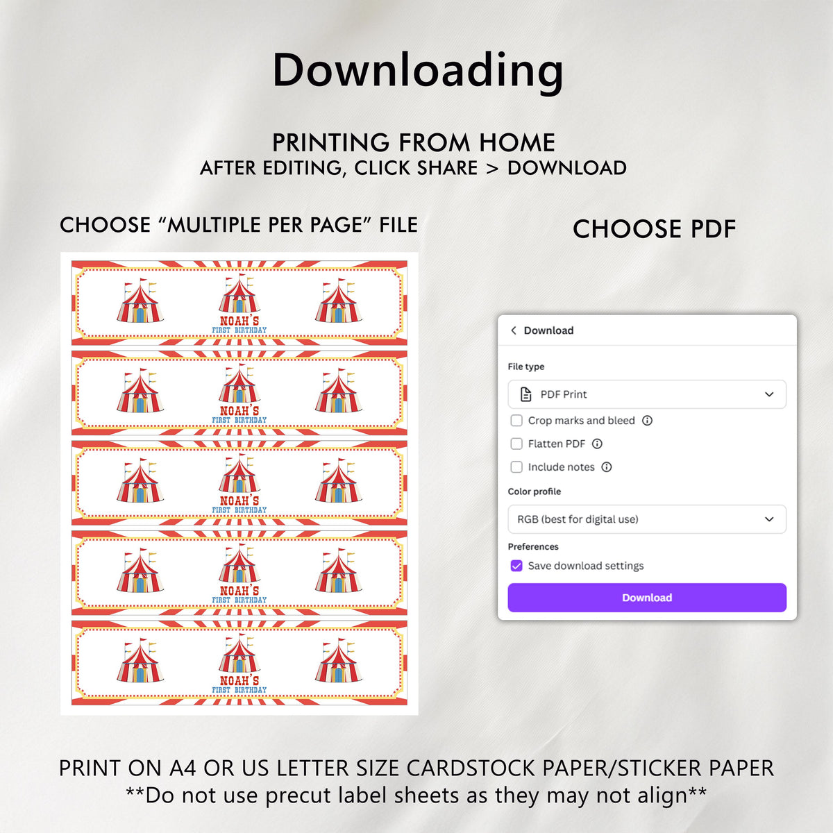 Circus Water Bottle Labels, Carnival 1st Birthday Printable Bottle Label