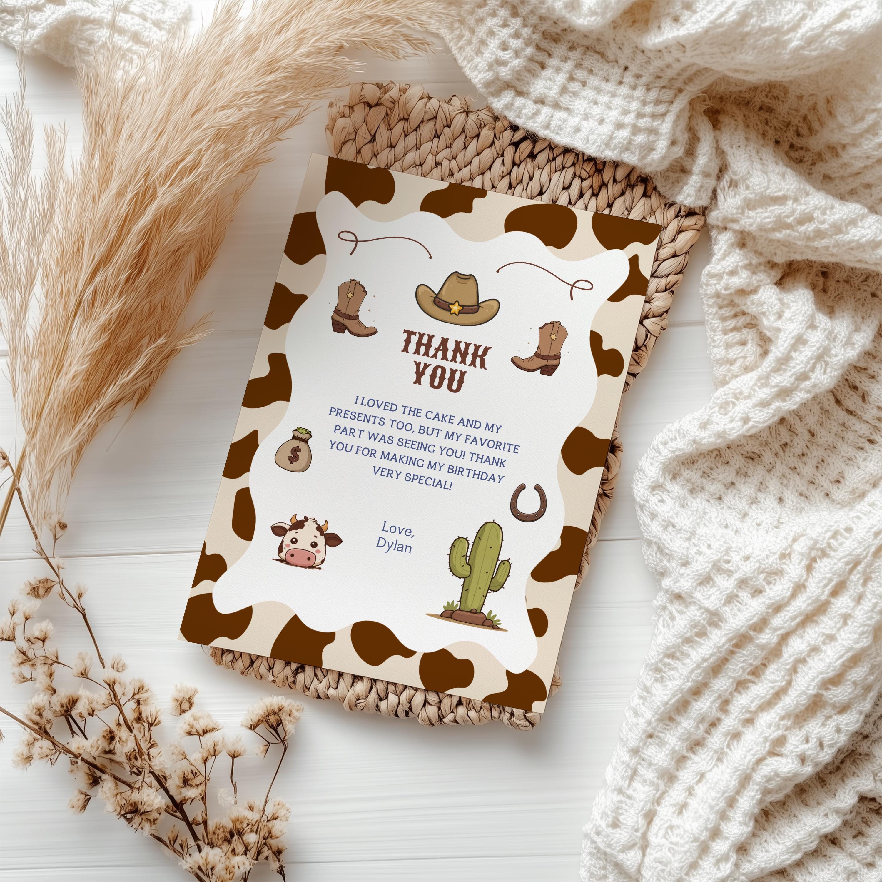 Cowboy First Rodeo Thank You Card | Editable Canva Template | Birthday Party Printable 8539