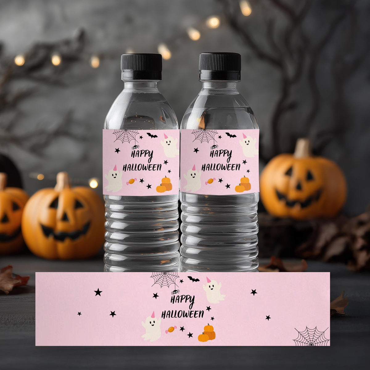 Pink Halloween Water Bottle Label, Printable Template Download