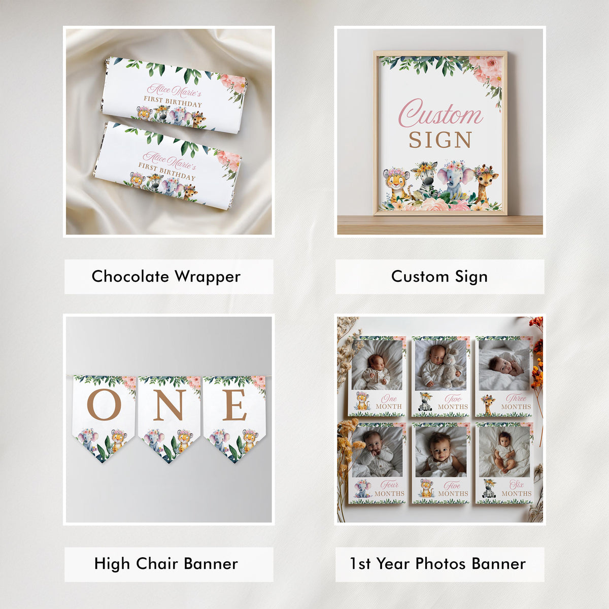 Editable Safari Party Decorations, Girl One Wild Party Package Birthday Invitations Bundle Jungle animals Template Instant Download