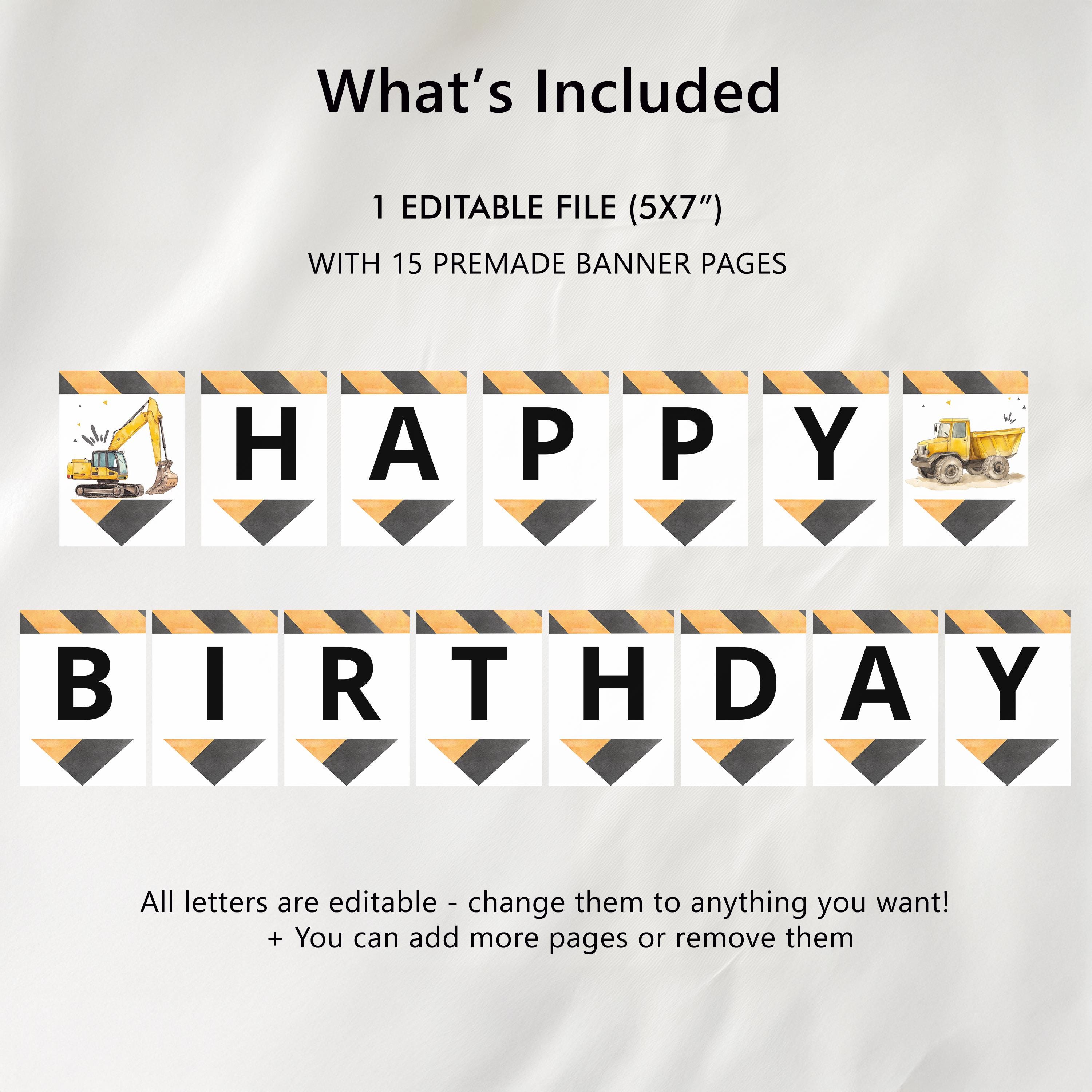Editable Construction Happy Birthday Banner | Construction First Birthday Party Banner | Birthday Banner Decoration 9164