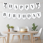 Black Bow Minimalist Birthday Banner, Coquette Happy 1st Birthday Banners, Gender neutral Flags, 9174
