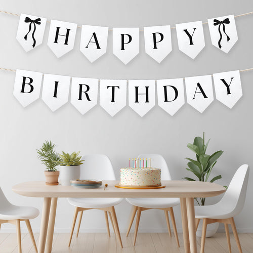 Black Bow Minimalist Birthday Banner, Coquette Happy 1st Birthday Banners, Gender neutral Flags, 9174