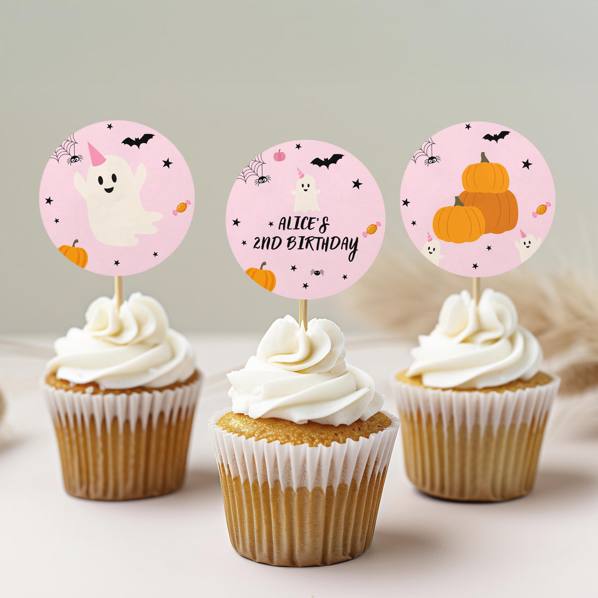 Pink Ghost Birthday Cupcake Toppers: Spooky Halloween Party Favor Tags (Digital Printable) 9162