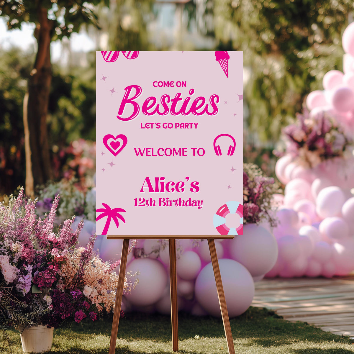 Hot Pink Doll Summer Birthday Welcome Sign, Pink Pool Party Birthday sign, Editable Template, Theme Party decorations Instant download