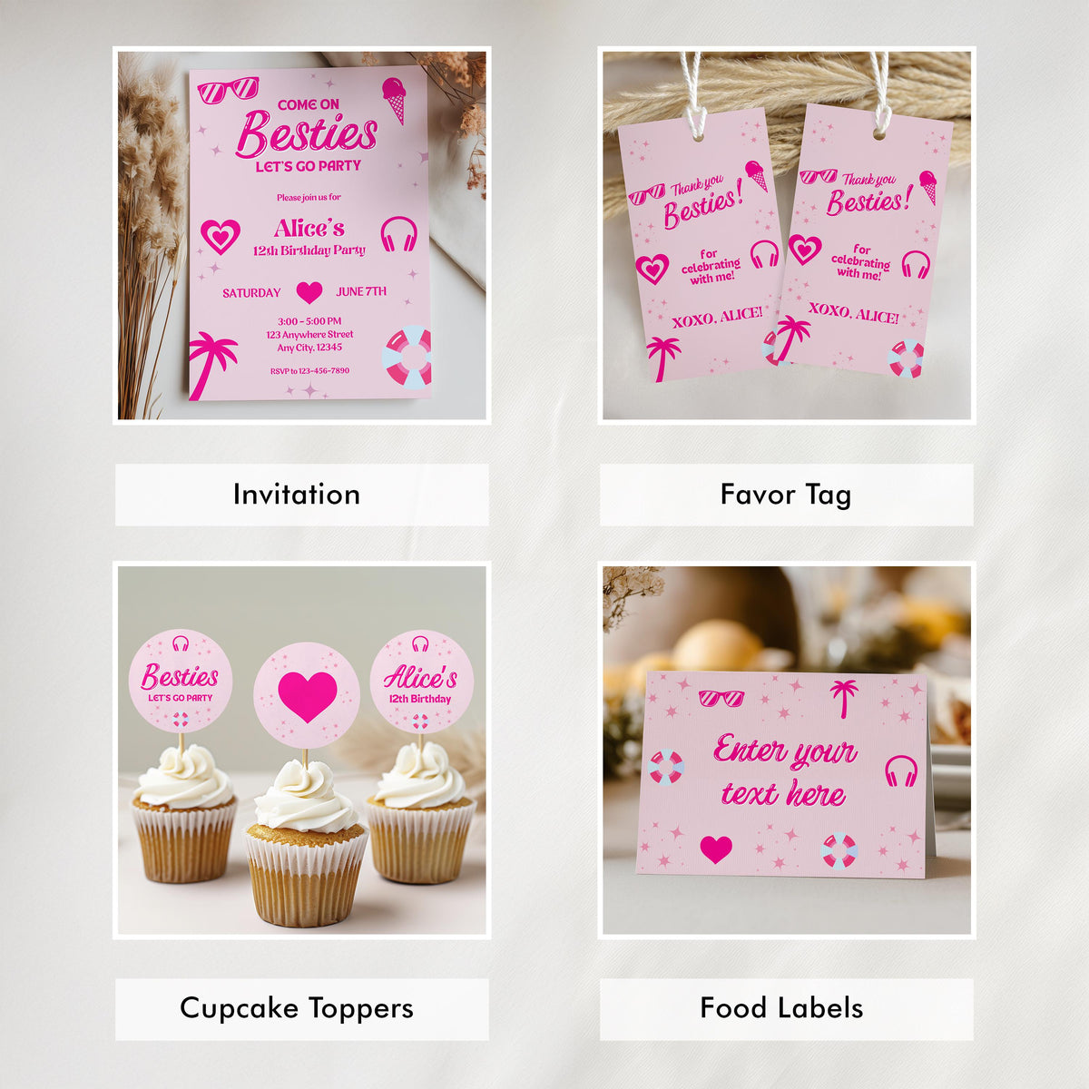 Editable Hot Pink Doll Summer Party Decorations, Pink Pool Party Package Birthday Bundle, Birthday Party Set Template Instant Download