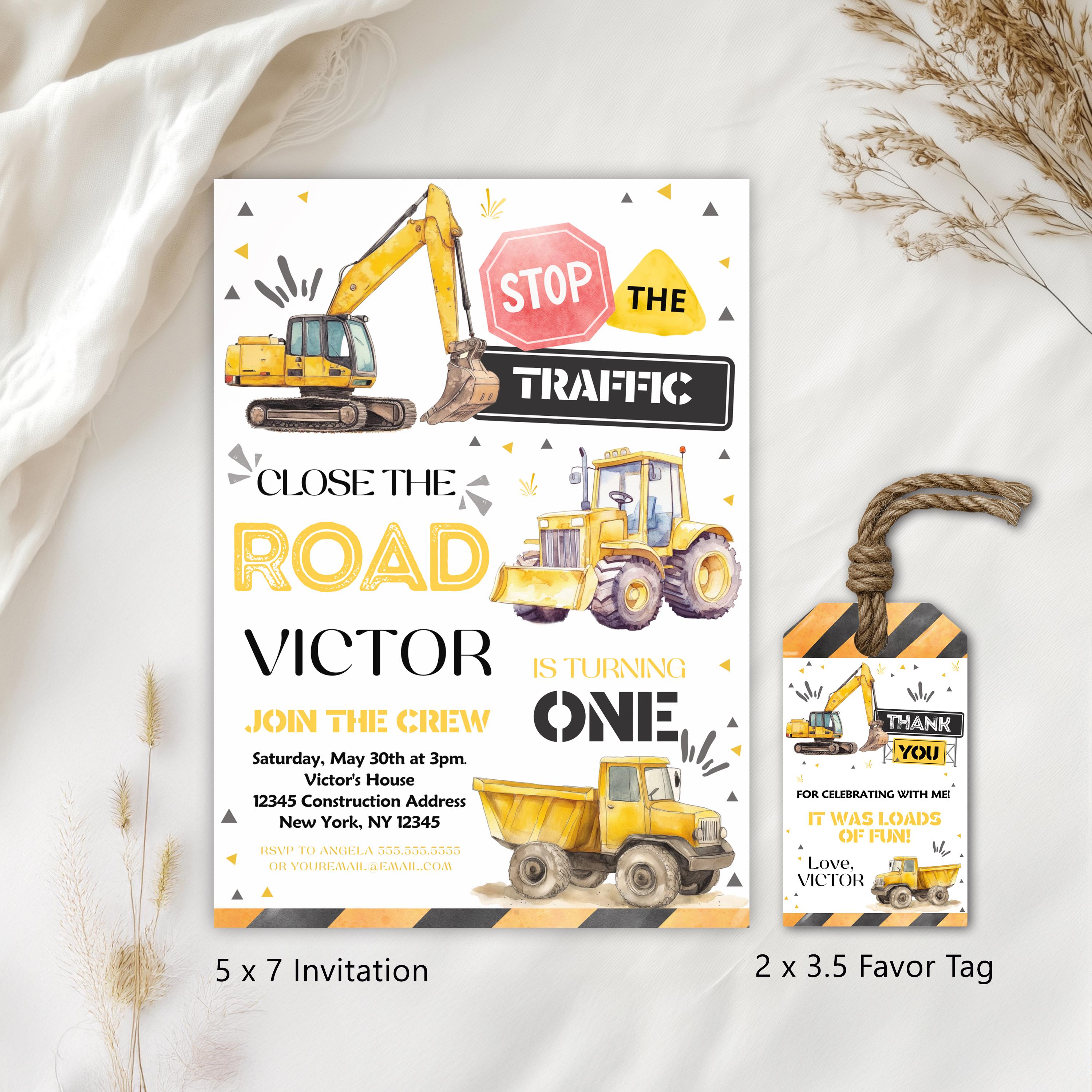 Construction First Birthday Invitation, Yellow Tractors Party Invite, Digital download Template 9164