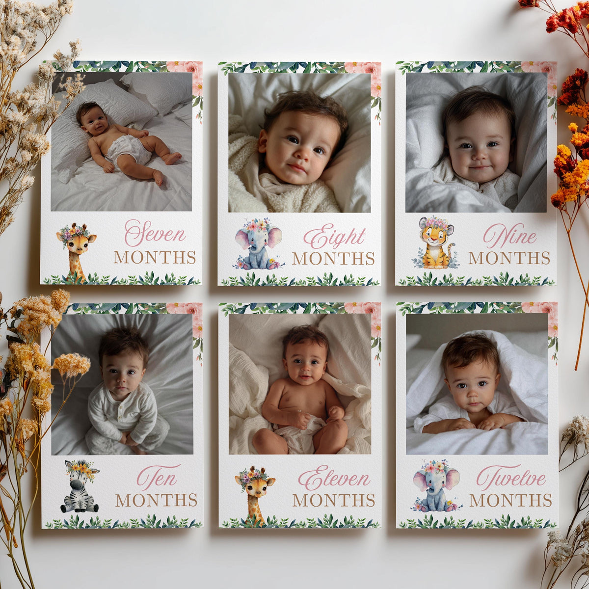 Safari First Year Photos, Wild One Girl 1st Birthday Photos, Girl Baby's First Year Month Photos, Monthly Photo Banner