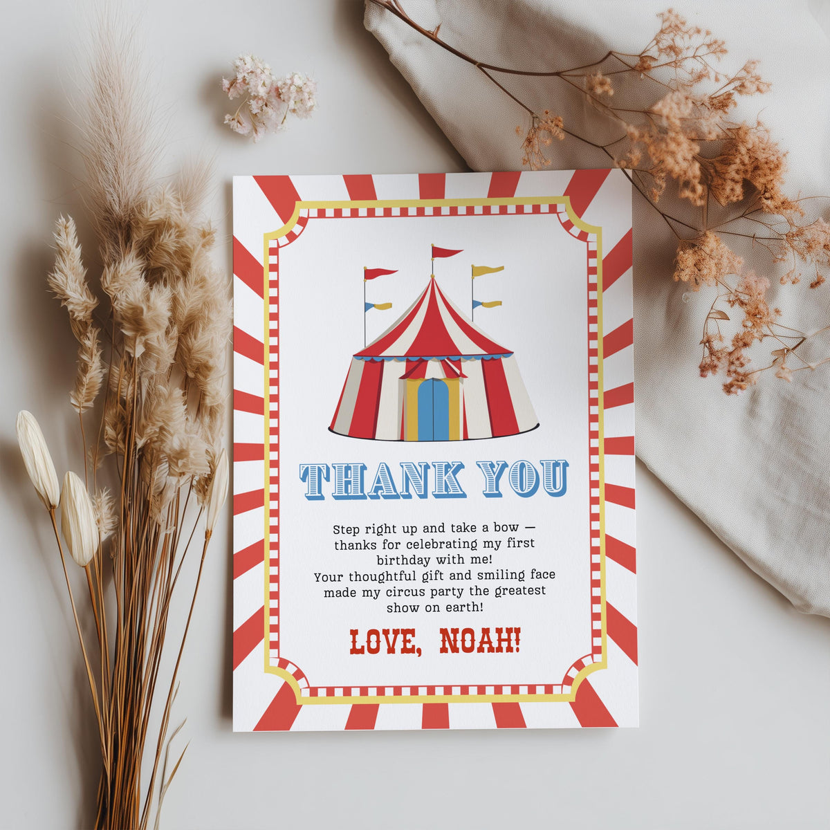 Circus Thank You Card Template, Carnival Printable Thanks Card