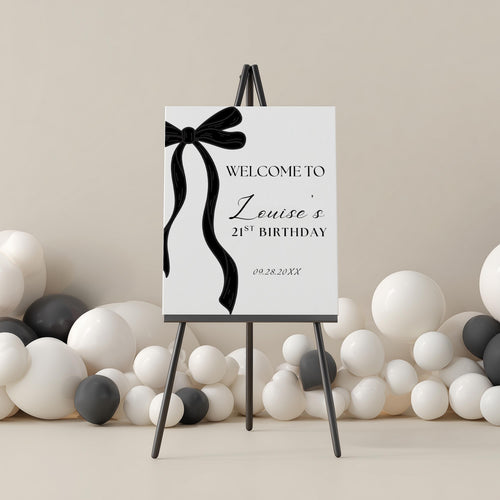 21st Black Bow Welcome Sign, Birthday Signs, Adult Party Minimalist Sign 9172