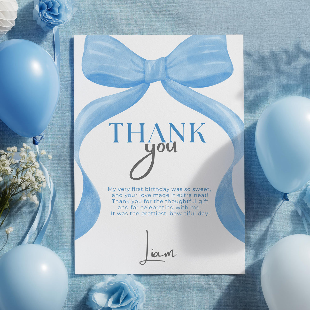 Blue Bow Thank You Card Template