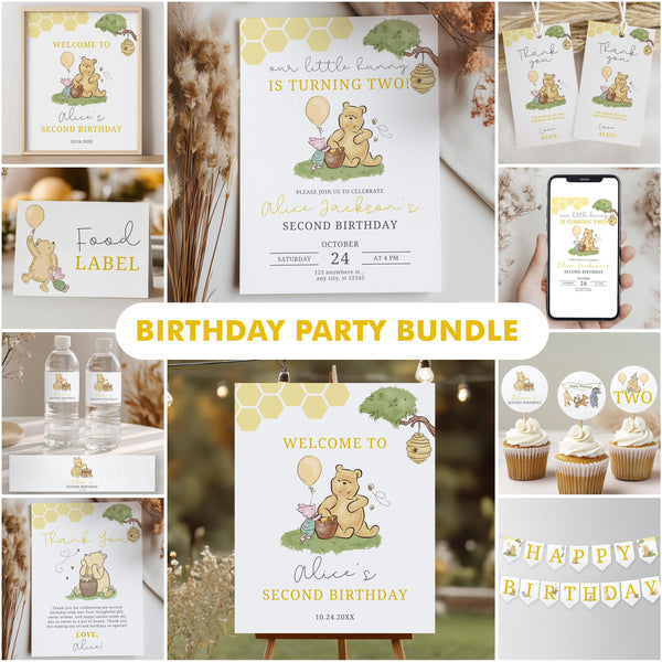 Classic Winnie the Pooh Birthday Party Bundle, Printable Decorations Party Set