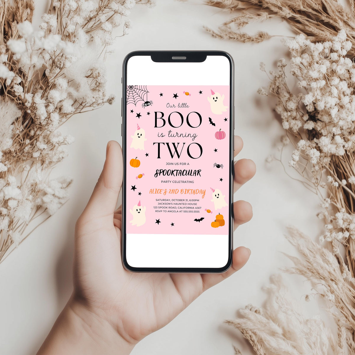 Pink Ghost Halloween Birthday Invitation: Editable Canva Template (Digital Download) 9162