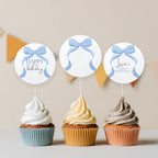 Blue Bow Cupcake Toppers, Blue Bow 1st Birthday, Coquette First Cupcake Toppers, 1st Birthday Boy, Blue Ribbon Birthday