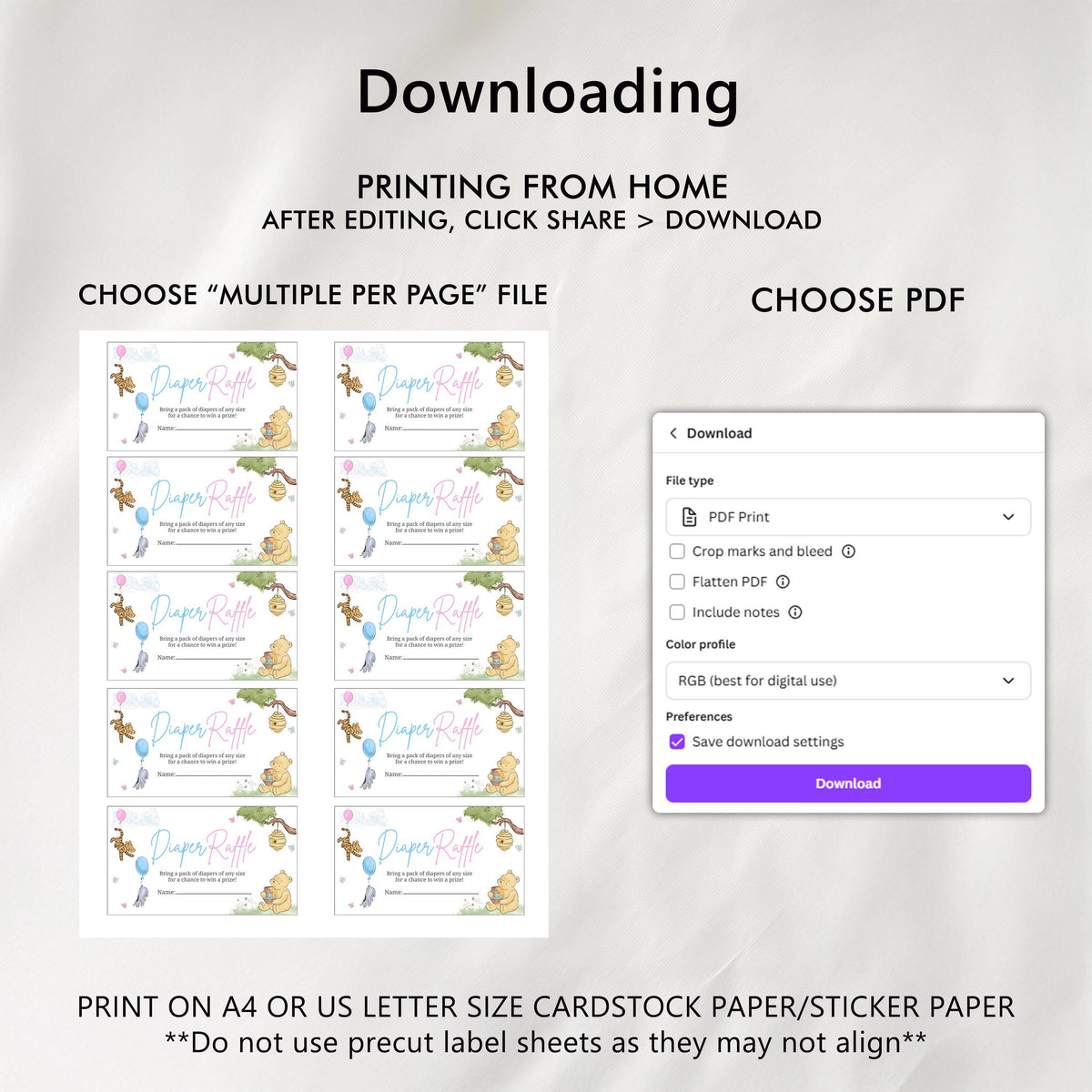 Winnie the Pooh Gender Reveal Diaper Raffle Card, Printable Baby Shower Nappy Raffle Cards