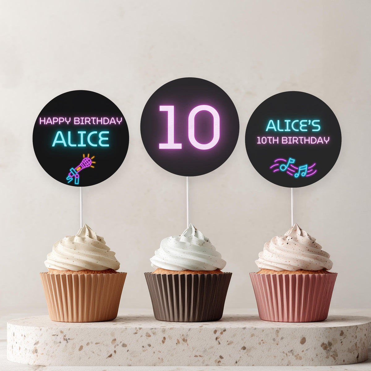 Editable Music Neon K-pop Birthday Cupcake Toppers | Music Neon K-pop Party Cake Toppers | Instant Digital Download