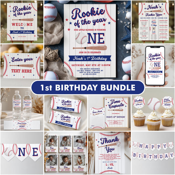Baseball Birthday Decorations, Rookie of the Year Party Bundle, Printable Party Set