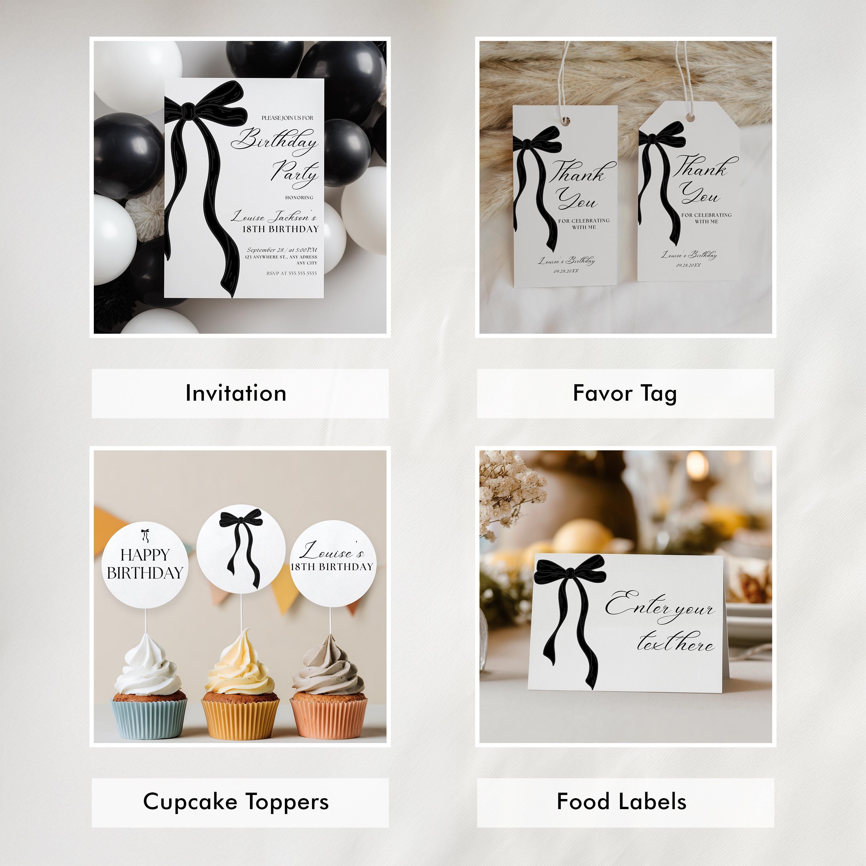 18th Party Decoration | 18th Birthday Bundle | Adult Black Bow Eighteenth Minimalist Decorations | Download 9173