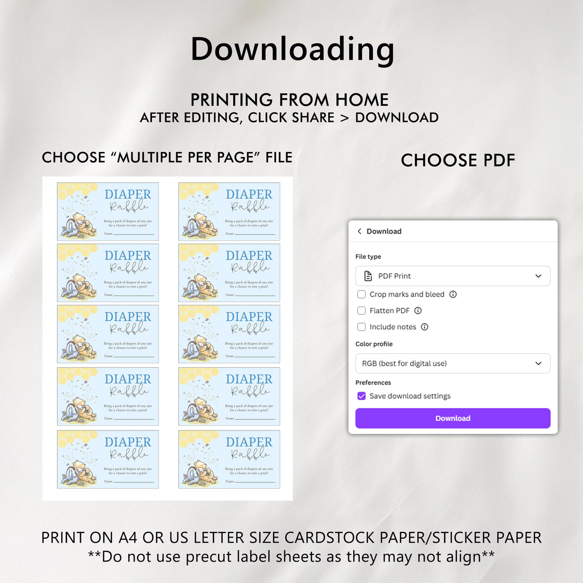 Blue Winnie the Pooh Diaper Raffle Card, Printable Nappy Raffle Cards