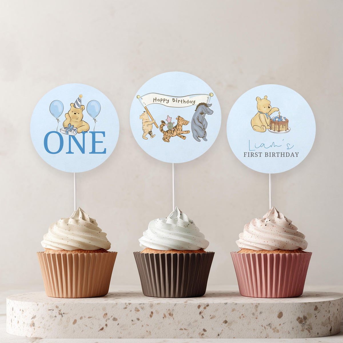 Blue Winnie the Pooh Cupcake Topper, Birthday Cupcake Toppers