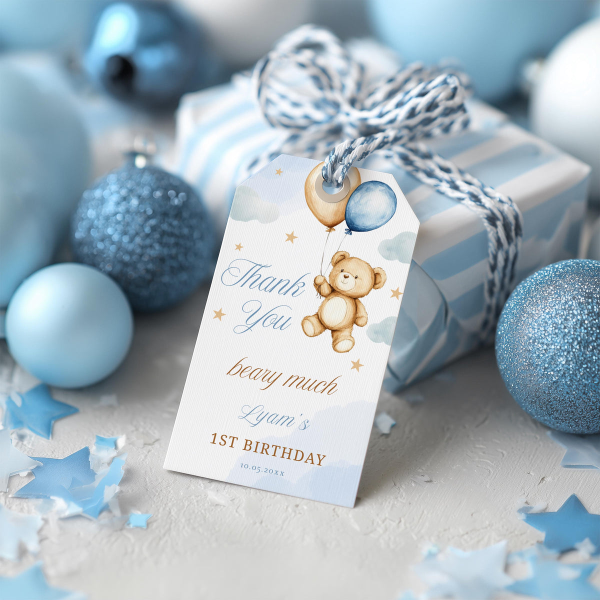 Teddy Bear Birthday Favor Tag, Beary First Thank You Tags