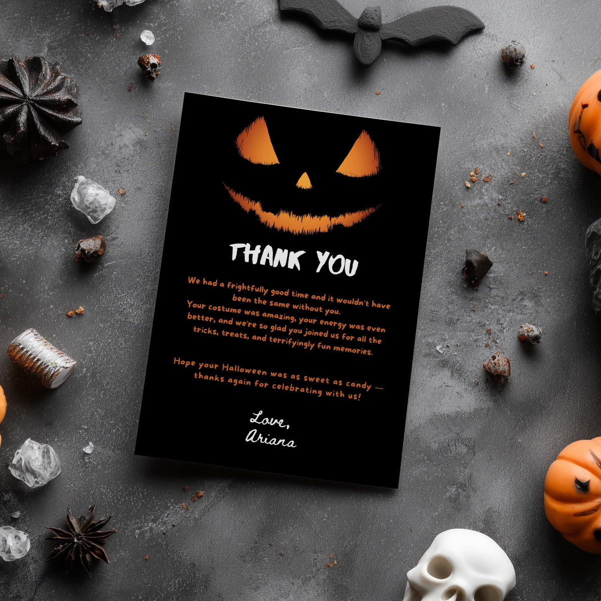 Editable Halloween Pumpkin Face Party Thank You Card | Instant Download Template
