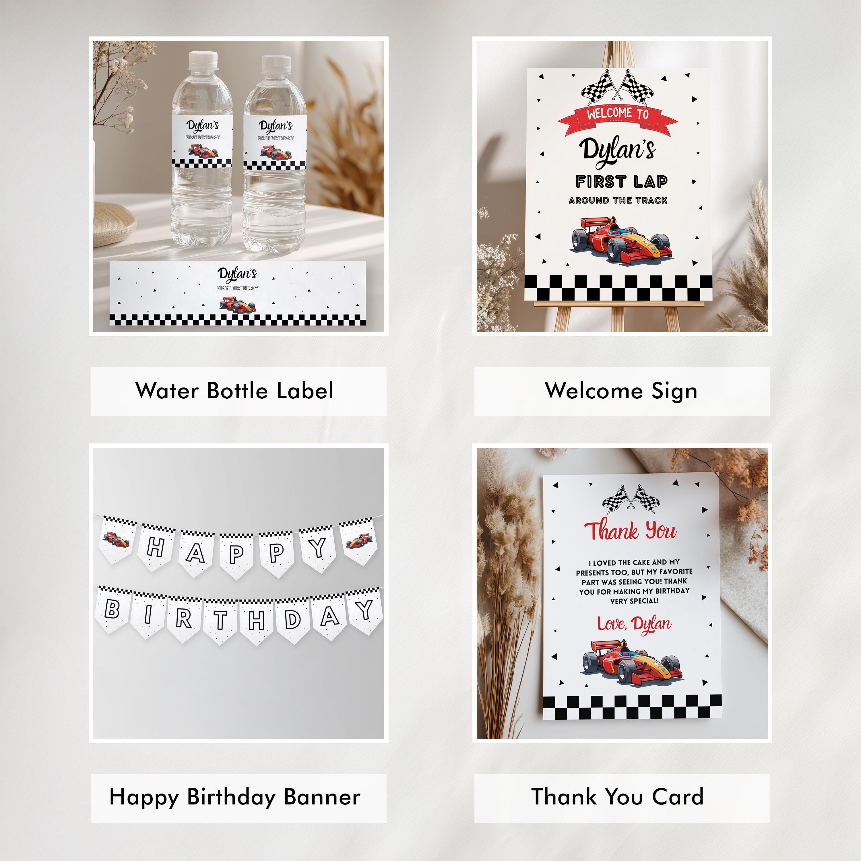 Rancing Car Party Decorations, First Birthday Red Car Party Bundle, Fast Car Birthday Party Set Template Instant Download 5987