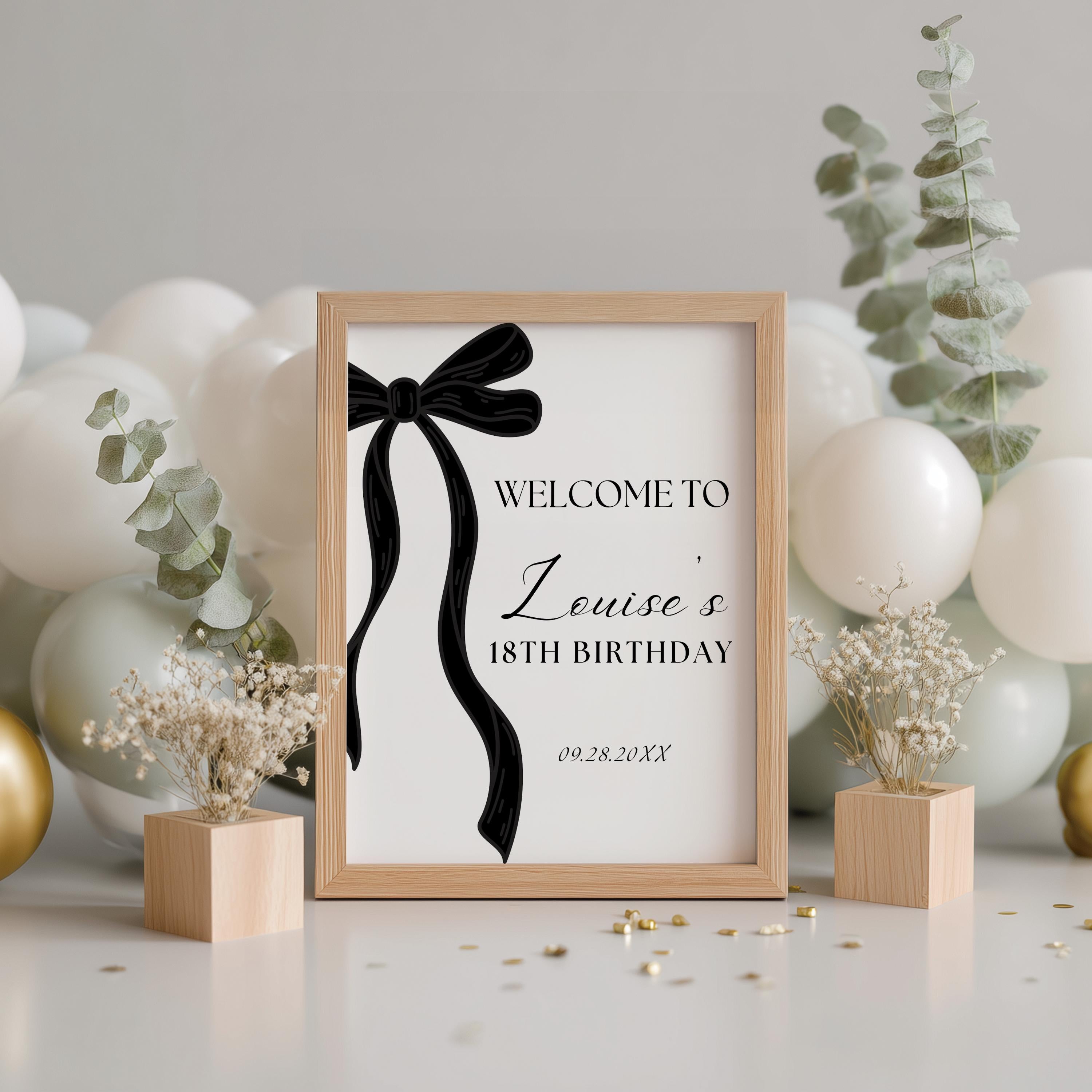 18th Black Bow Welcome Sign, Birthday Signs, Eighteenth Adult Party Minimalist Sign 9173