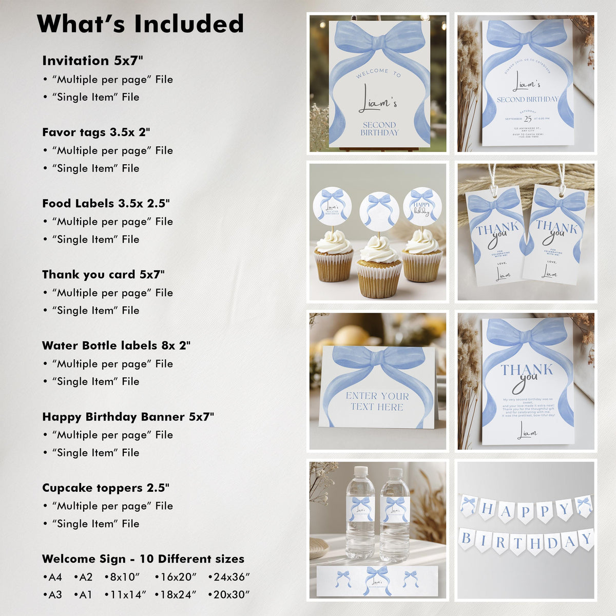Editable Blue Bow Birthday Party Decorations | Blue Bow Birthday Bundle | Blue Ribbon Party Set | Instant Download