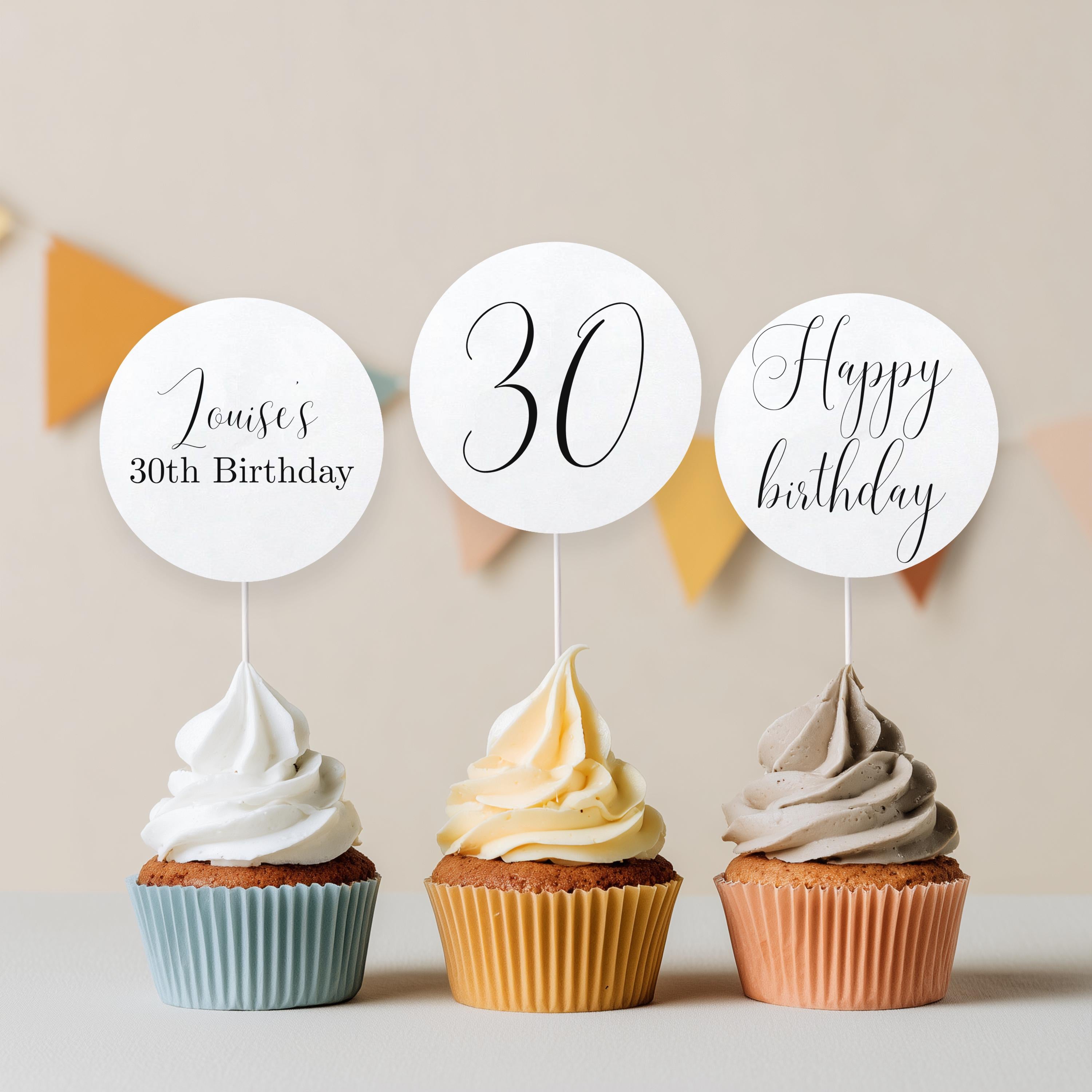30th Minimalist Modern Cupcake Toppers, 30th Birthday, Gender neutral, Simple Cake Topper 9176