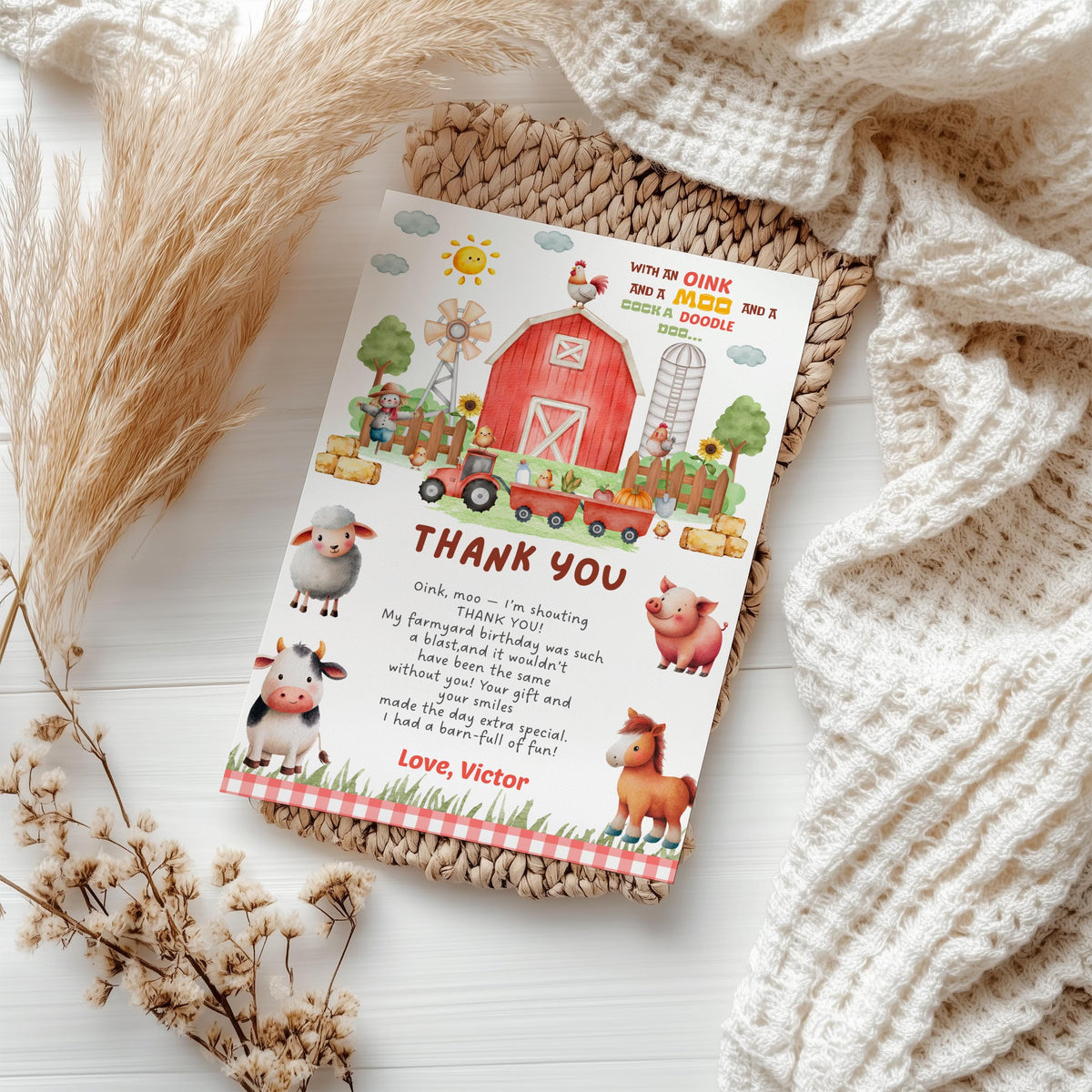 Editable Farm Thank you card, Farm Birthday Note card, Barnyard Party, Printable template Digital Instant download