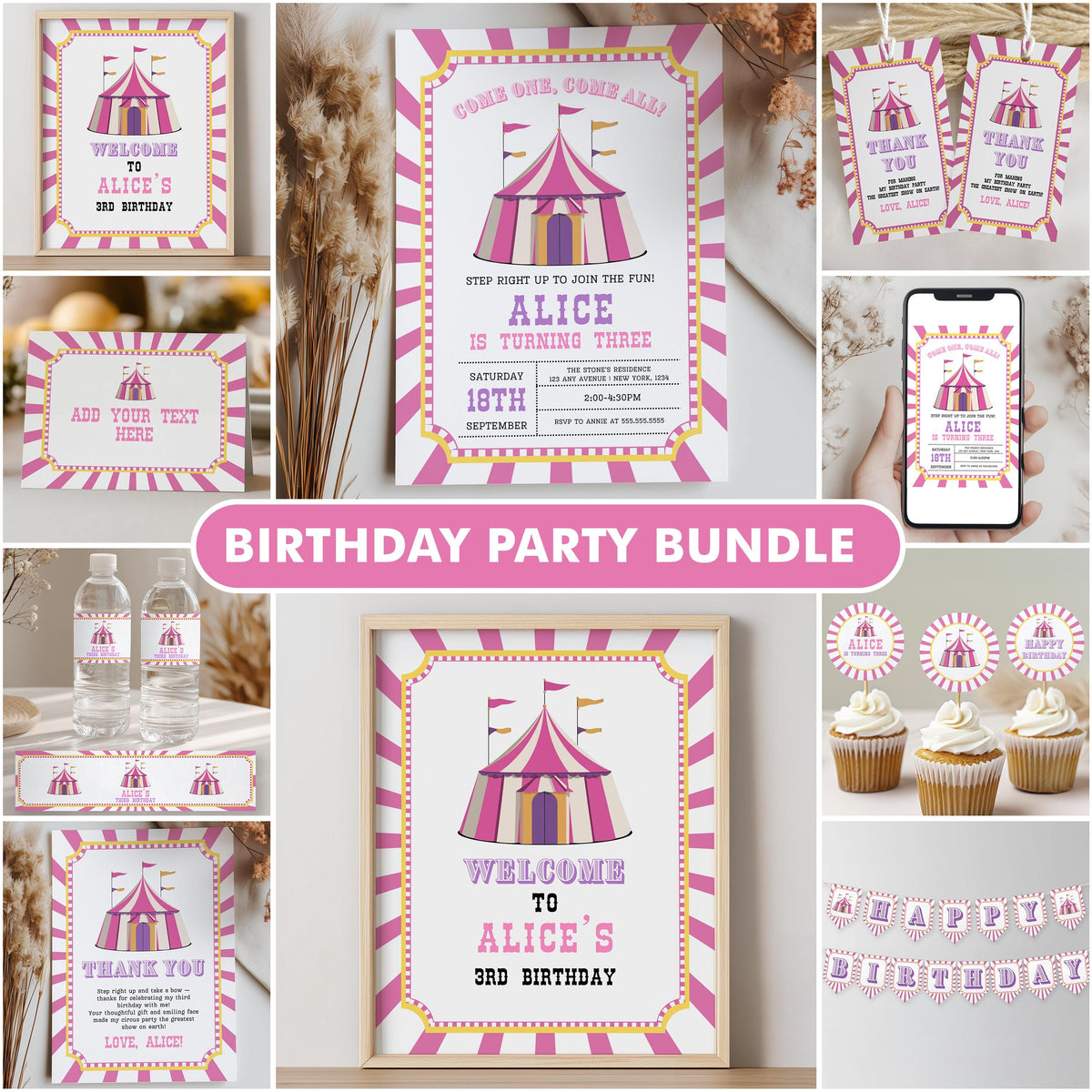 Pink Circus Party Bundle, Girl Circus Birthday Printable Decorations