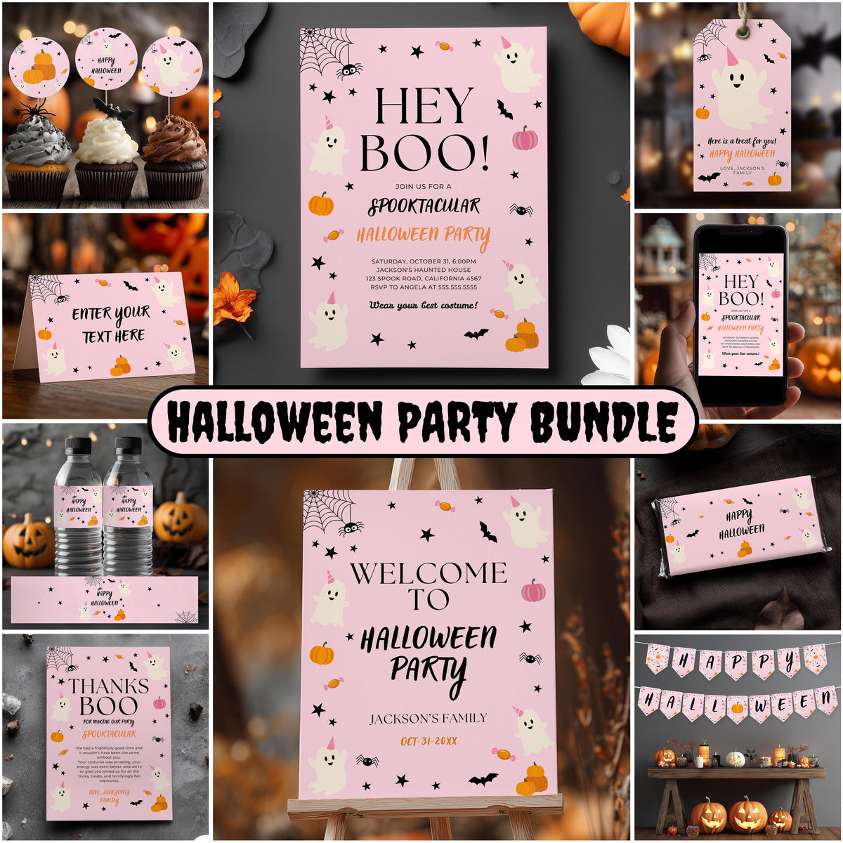 Pink Halloween Party Bundle, Hey Boo Girl Halloween Decorations Printable Download